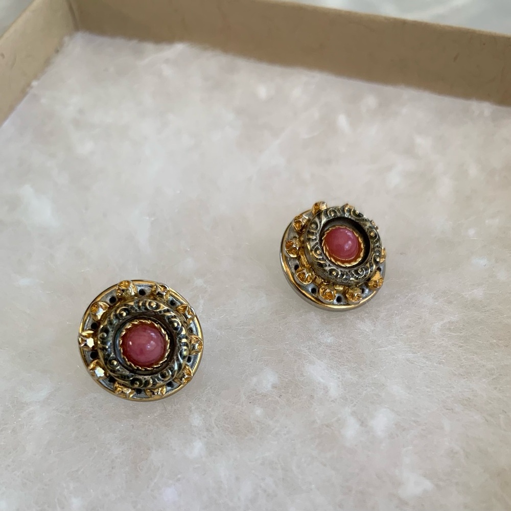 Gold-Tone Pink Cabochon Round Earrings